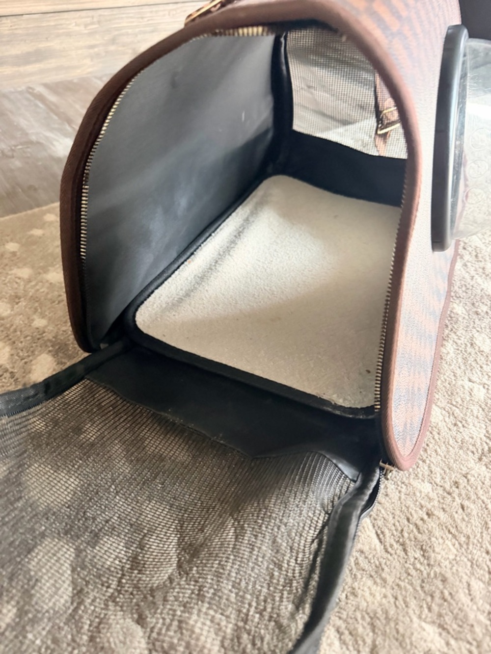 Checkerboard Brown Pet Carrier with Bubble Window - Picture 3 of 3